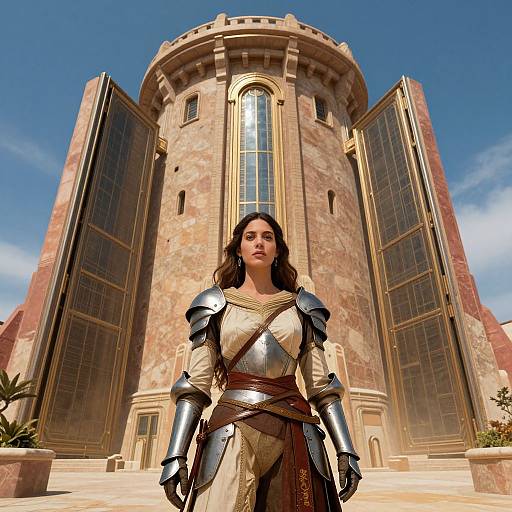 CGI image of a brunette woman in medieval armor standing before a grand, circular, stone building with gold-trimmed, tall windows.