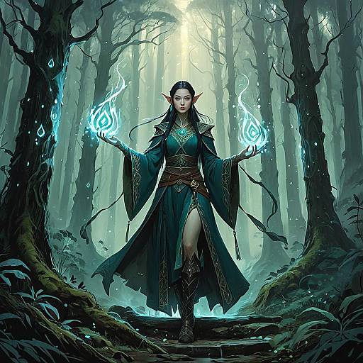 Elven Sorceress Commanding Wind Spirits