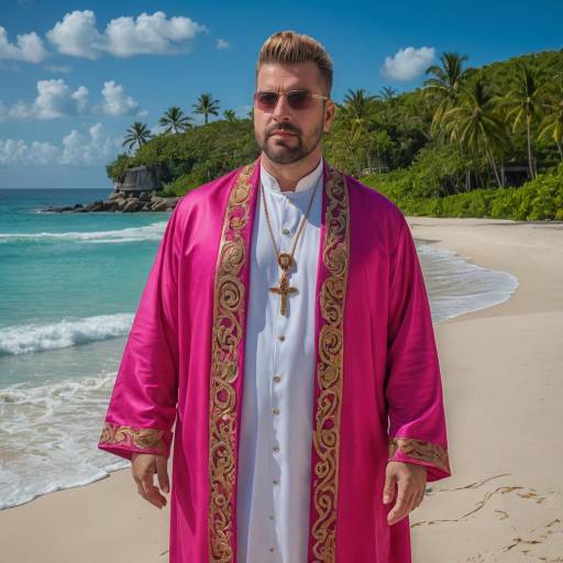 Man in Ornate Priest Robe on Tropical Beach