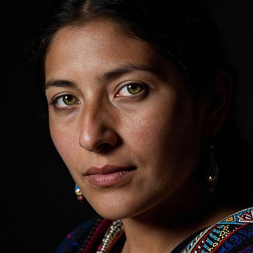 Photograph of a South Asian woman with dark brown skin, green eyes, subtle makeup, and traditional earrings, against a dark background.