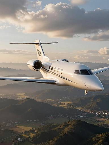 Golden Hour Business Jet Over Mountains