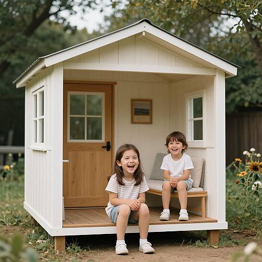 Photograph of two smiling children, a girl and a boy, sitting in a white wooden playhouse with a wooden door, surrounded by a lush garden