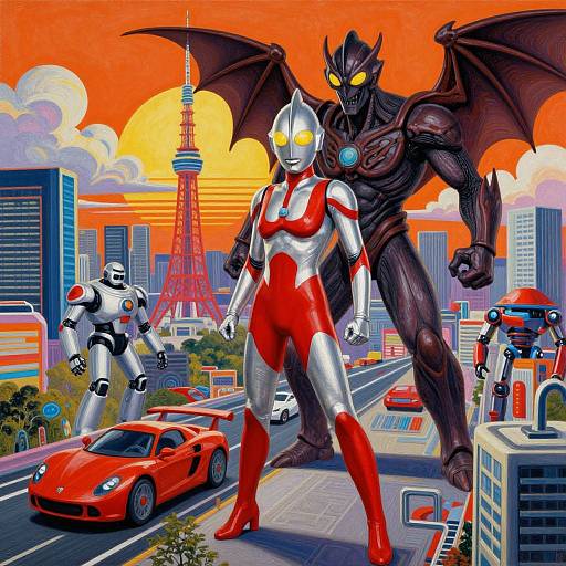 Digital artwork: Giant red and silver robot, black demon-like creature, and three smaller robots stand in a city with a sunset, Eiffel Tower