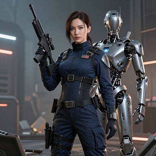 Digital artwork of an Asian woman in a black tactical suit, holding a gun, standing back-to-back with a silver humanoid robot in a futuristic, dim