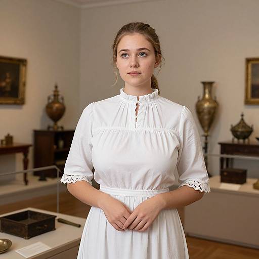 Photograph of a young woman with light skin and brown hair in a white, lace-trimmed, Victorian-style dress, standing in a museum with