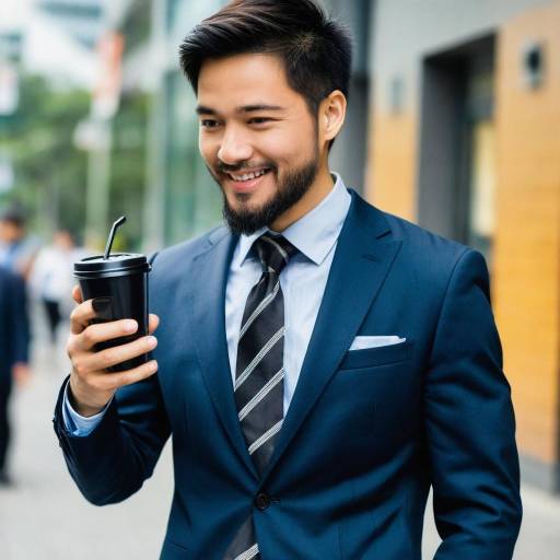 Smiling Asian Businessman Holding Coffee Cup