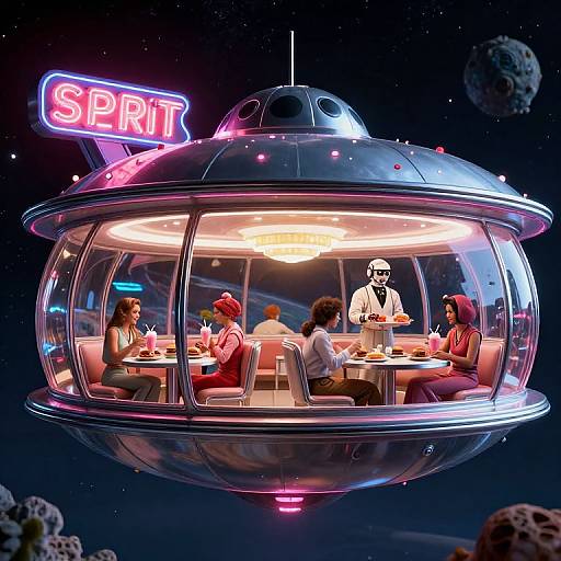 Retro Futuristic Flying Saucer Diner in Space