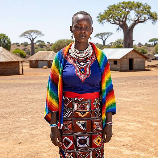 Photograph of a smiling African woman in colorful traditional attire, rainbow shawl, multiple necklaces, geometric-patterned skirt, standing in a rural village