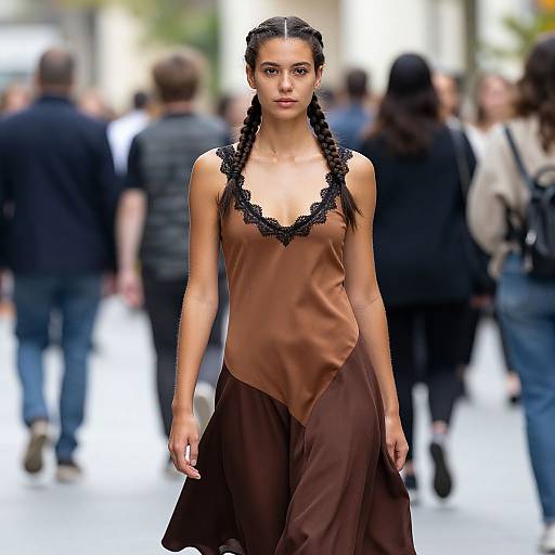 Braided Female Model in Brown Dress