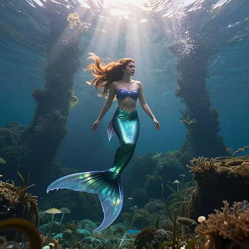 Photograph of a glowing green and blue mermaid with flowing red hair, swimming underwater amidst sunlit coral and marine life.