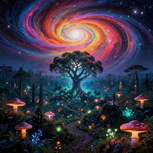 Dreamy digital fantasy artwork of a glowing spiral galaxy above a magical forest with bioluminescent mushrooms, glowing plants, and a central, towering tree