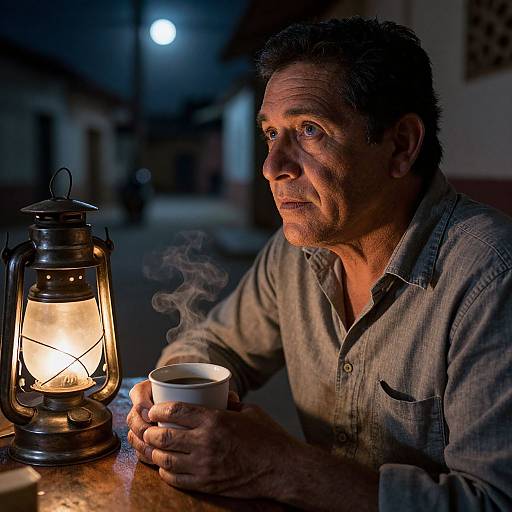 Photograph of a middle-aged man with rugged features, holding a steaming cup, illuminated by a vintage lantern in a dimly lit, nighttime street