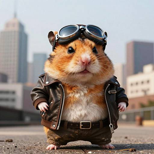 Photograph of a cute hamster wearing a black leather jacket and aviator goggles, standing on a rooftop with a cityscape background.