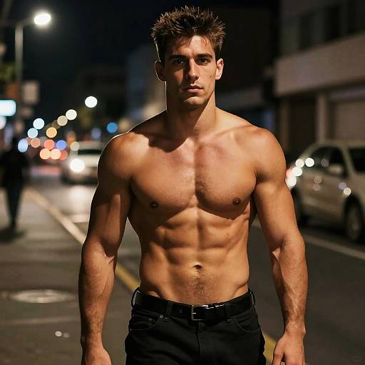 Photograph of a muscular, shirtless man with short dark hair, standing on a nighttime city street, illuminated by streetlights. He wears black pants