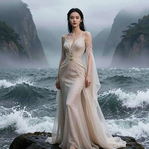 Photograph of a fair-skinned woman with long black hair wearing a shimmering, off-shoulder white gown standing on rocky shoreline, waves crashing