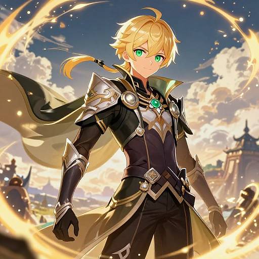 Anime-style digital drawing of a blonde, green-eyed, armored male warrior with a black cape and green gem, standing in a bright, cloudy sky with
