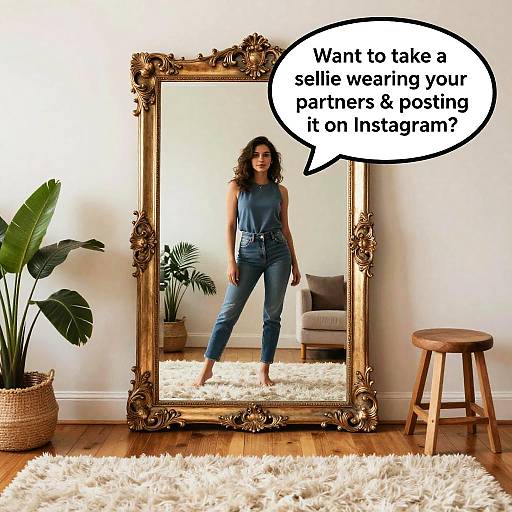 Photograph of a curly-haired woman in blue jumpsuit reflected in ornate gold mirror, standing on fluffy white rug, text bubble: 