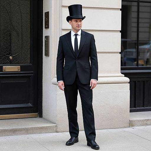 Photograph of a young, white man in a black suit, white shirt, black tie, and top hat, standing in front of a black and