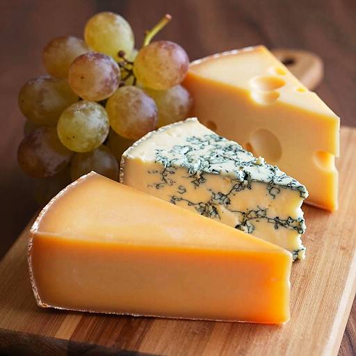 Close-up of Three Cheeses and Grapes