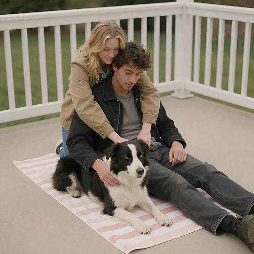 Couple on Striped Towels With Dog