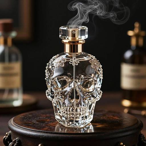 Photograph of a crystal skull-shaped perfume bottle with a smoking top, golden accents, and intricate floral patterns, set on a dark, ornate wooden