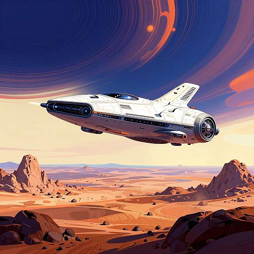 Digital illustration of a white space shuttle soaring over a vibrant, orange-hued desert planet with rocky mountains and swirling, colorful cosmic background.