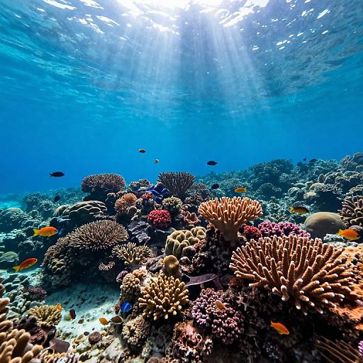 Photograph of vibrant underwater coral reef with sunbeams illuminating colorful corals and small orange fish swimming amidst the blue ocean.