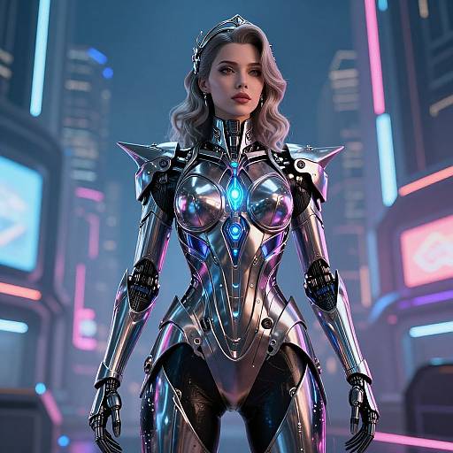 CGI image of a futuristic, silver-armored woman with wavy blonde hair in a neon-lit cityscape, featuring glowing blue accents and a