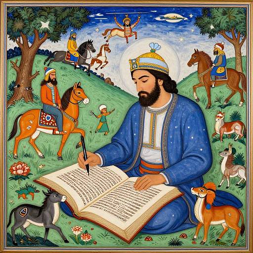 Illustration of a bearded prophet in a blue robe, writing in an open book, surrounded by horses, deer, and children in a vibrant,