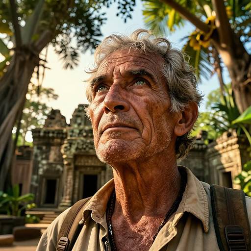 Photograph of an elderly, weathered man with curly gray hair, deep wrinkles, and a contemplative expression, standing in front of an ancient,