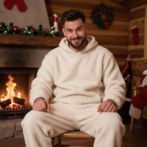 Photograph of a bearded man with dark hair, wearing a white fluffy robe, sitting in a cozy wooden cabin by a lit fireplace, decorated for