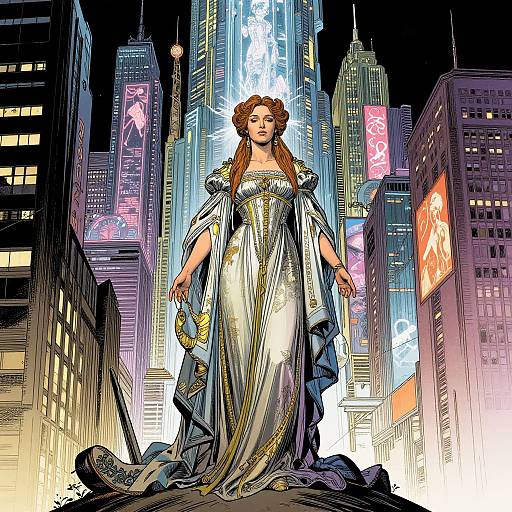 Digital comic art of a red-haired woman in a flowing, ornate silver gown, standing confidently in a neon-lit, futuristic cityscape.
