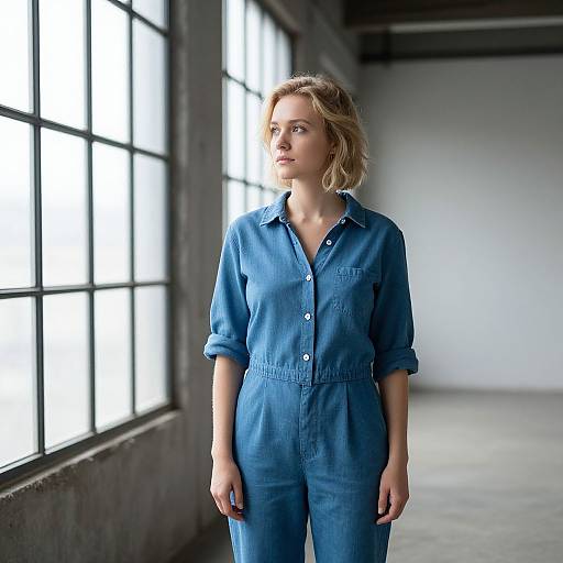 Photograph of a blonde woman with shoulder-length hair, wearing a blue button-up jumpsuit, standing by large industrial windows in a dimly lit,
