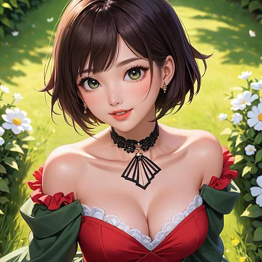 Digital anime-style portrait of a cute young woman with short black hair, green eyes, red off-shoulder dress, black choker, and floral