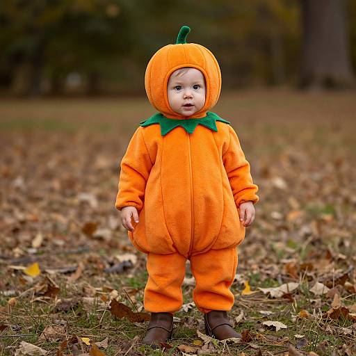 Photograph of a baby in an orange pumpkin costume with green collar, standing on autumn leaves in a park.