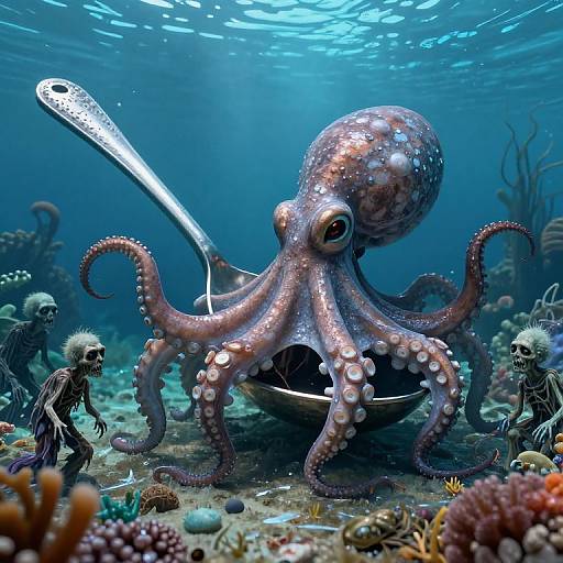 Photorealistic CGI of a large, glossy pink octopus with white spots, surrounded by skeletal fish and colorful coral in a sunlit, blue underwater