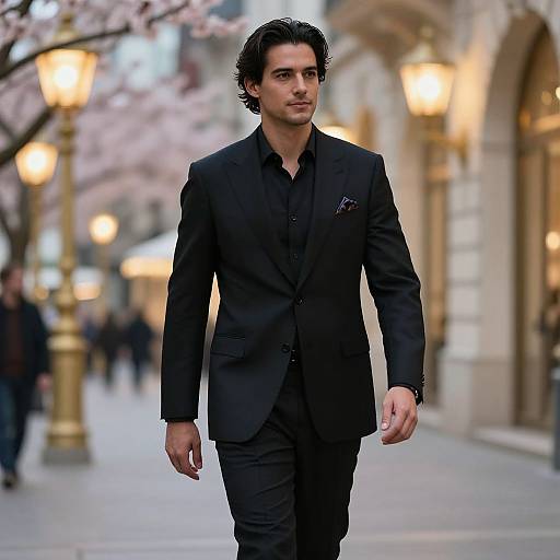 Photograph of a handsome, dark-haired man in a black suit and shirt, walking down a blurred, springtime city street with cherry blossoms and