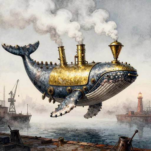 Steampunk Engraved Whale in Misty Harbor