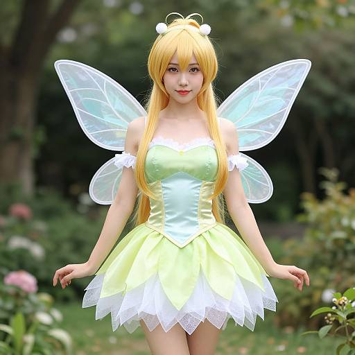 Photorealistic CGI image of a blonde fairy with translucent wings, green-yellow dress, white lace trim, and flower hair accessory, standing in a lush