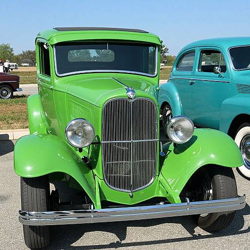 Photograph of a vibrant green vintage car with a shiny chrome grille, large round headlights, and black tires, parked beside a blue classic car on a