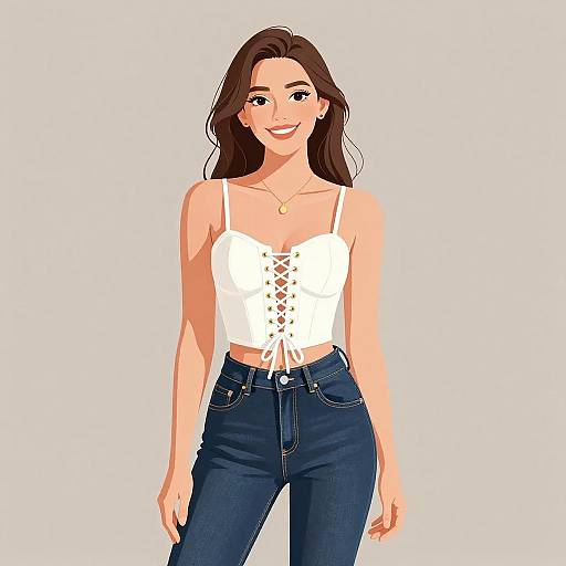 Digital illustration of a smiling woman with long brown hair, wearing a white lace-up crop top and high-waisted blue jeans.