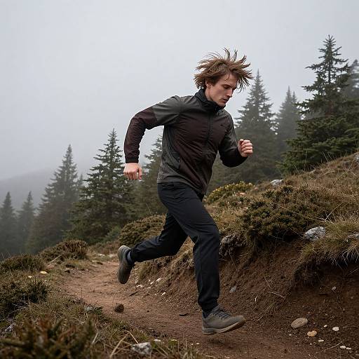 Photograph of a young man with spiky brown hair, wearing a black long-sleeve shirt and pants, running on a muddy, forested