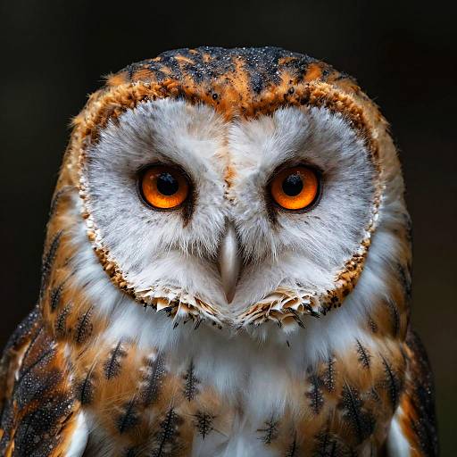 Photograph of a close-up Great Horned Owl with vivid orange eyes, intricate brown and white feather patterns, and a dark background.