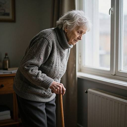 Photograph of elderly woman with white hair, wearing gray knitted sweater, leaning on wooden cane by sunlit window in dimly lit room.
