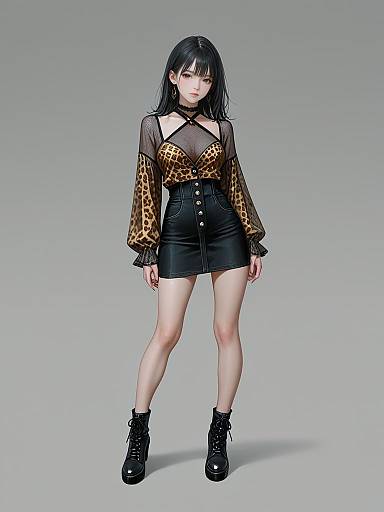 Digital anime-style illustration of a pale-skinned young woman with black hair, wearing a leopard-print mesh top, black mini skirt, and ankle boots,