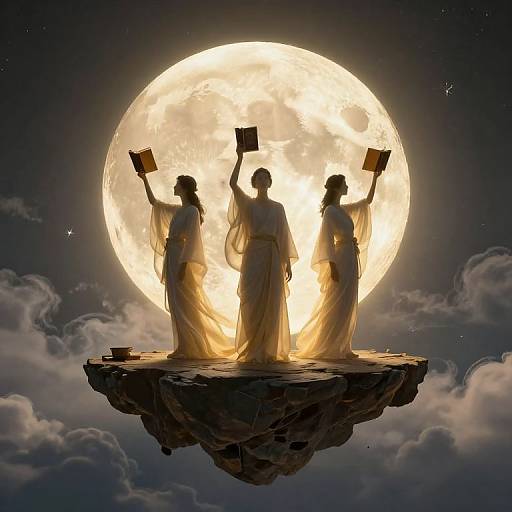 Silhouetted women in flowing robes, each holding a book, standing on a floating rock against a bright full moon, surrounded by clouds and stars