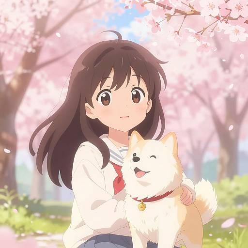 Anime Girl and Dog in Cherry Blossoms