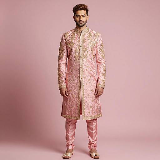 South Asian Man in Pink Embroidered Sherwani