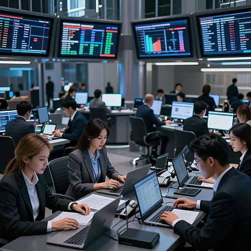 Photograph of a modern, bustling trading floor with diverse professionals in black suits, focused on laptops and large digital screens displaying colorful stock market data.
