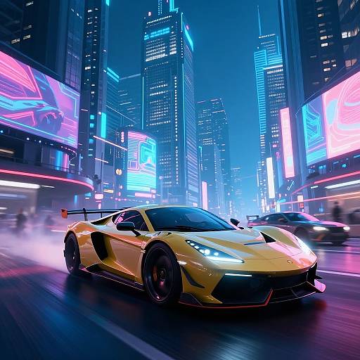 Photorealistic CGI of a yellow Lamborghini Huracán speeding through a neon-lit, futuristic city street at night, surrounded by vibrant, glowing